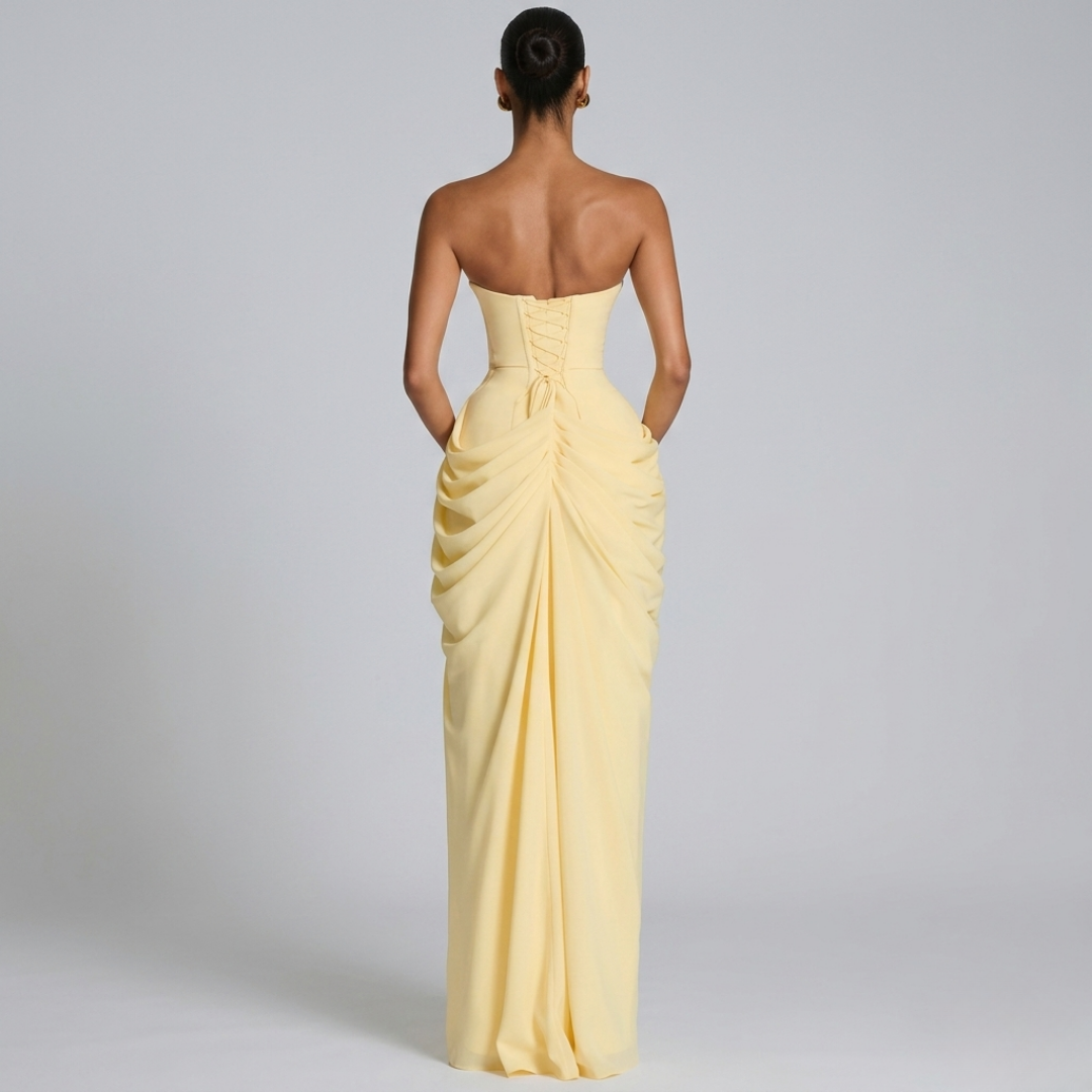 Cyra Back Lace-up Asymmetrical Pleats Strapless Slit Maxi Dress