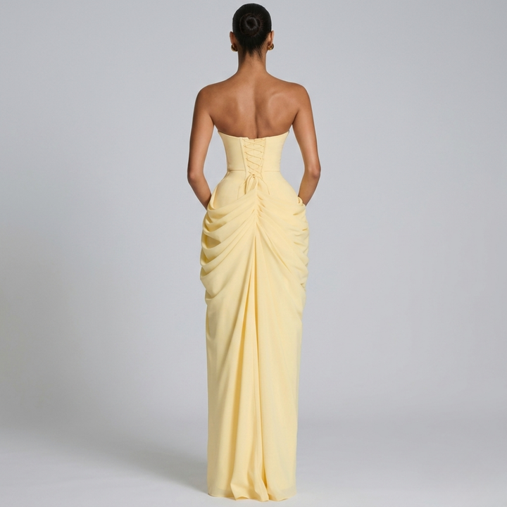 Cyra Back Lace-up Asymmetrical Pleats Strapless Slit Maxi Dress
