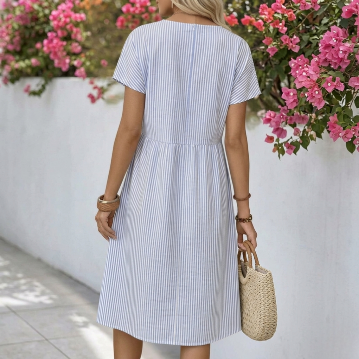 Dusty Blue Striped Shirred Short Sleeve Round Neck Dress