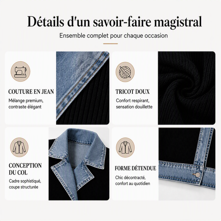 Manteau en maille côtelée élégant pour femme avec empiècements en jean