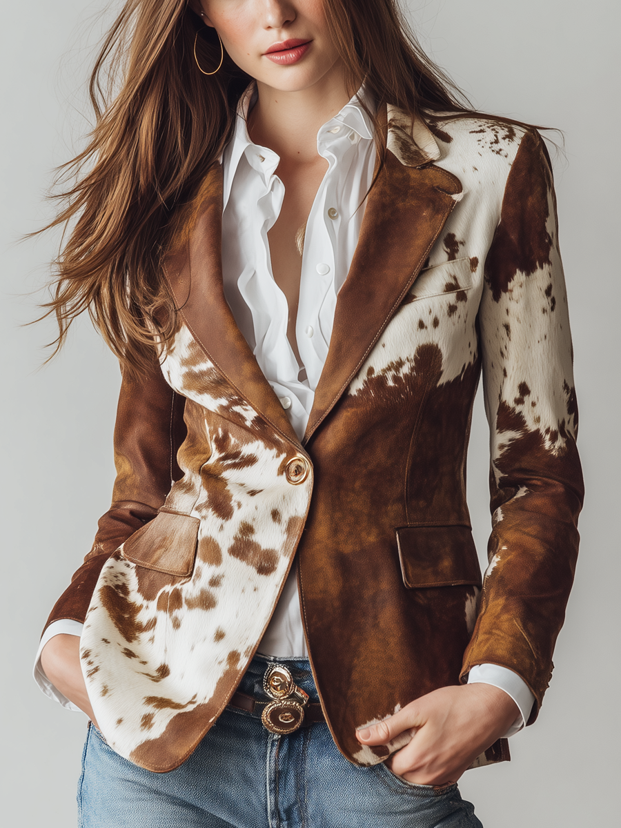 Eco-Friendly Vintage Cow Print Blazer