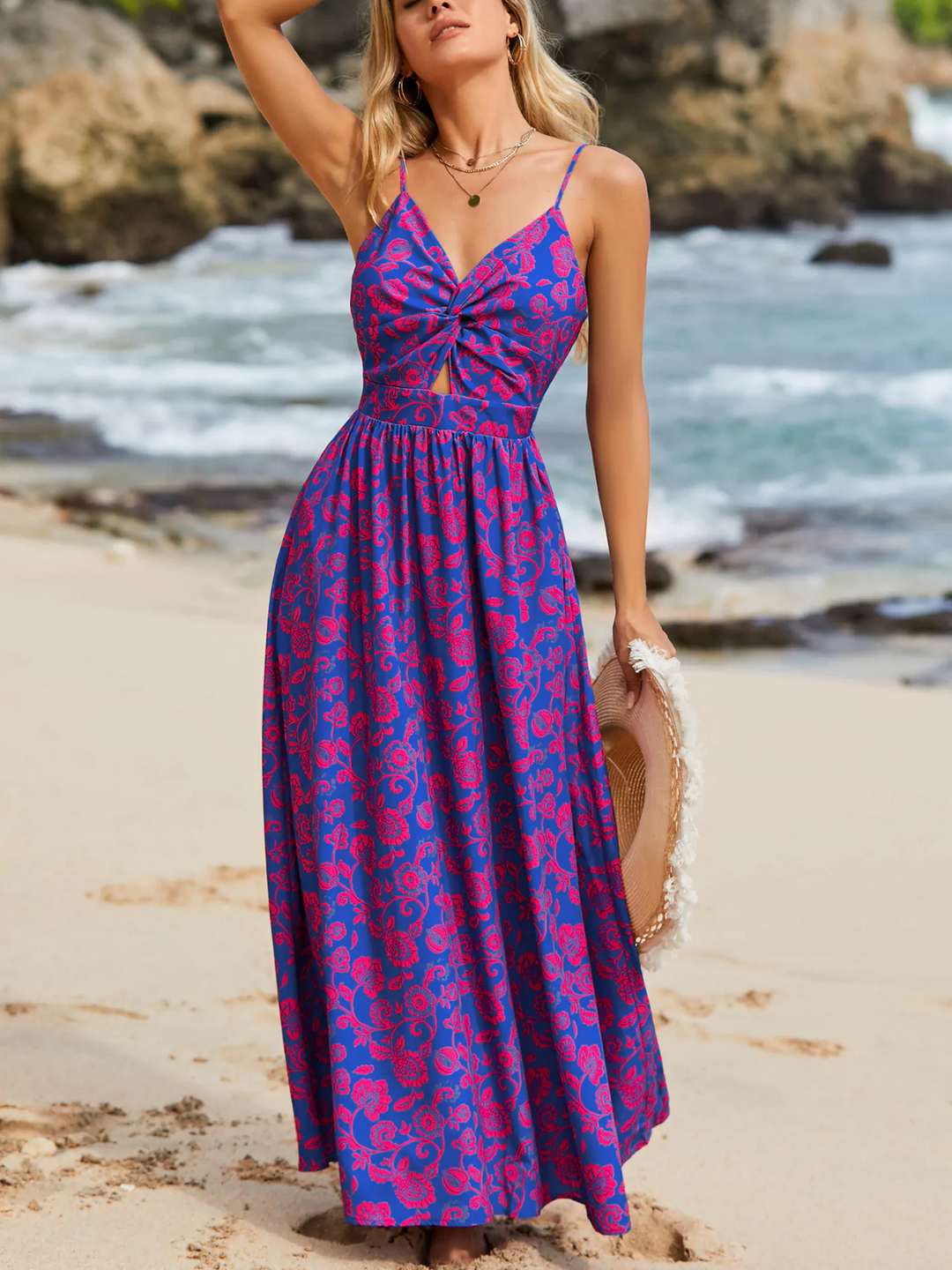 Floral Print Knotted V-Neck Maxi Dress