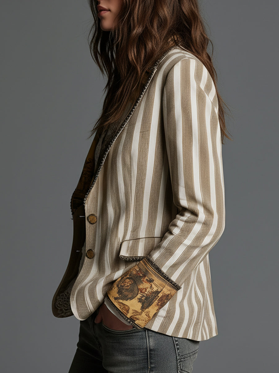 Striped Bohemian Blazer with Printed Collar