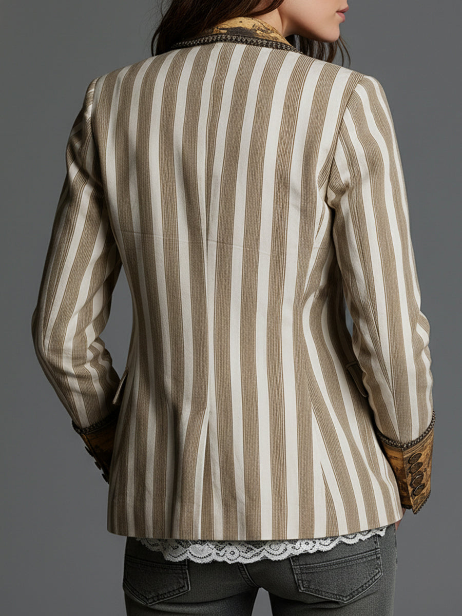 Striped Bohemian Blazer with Printed Collar