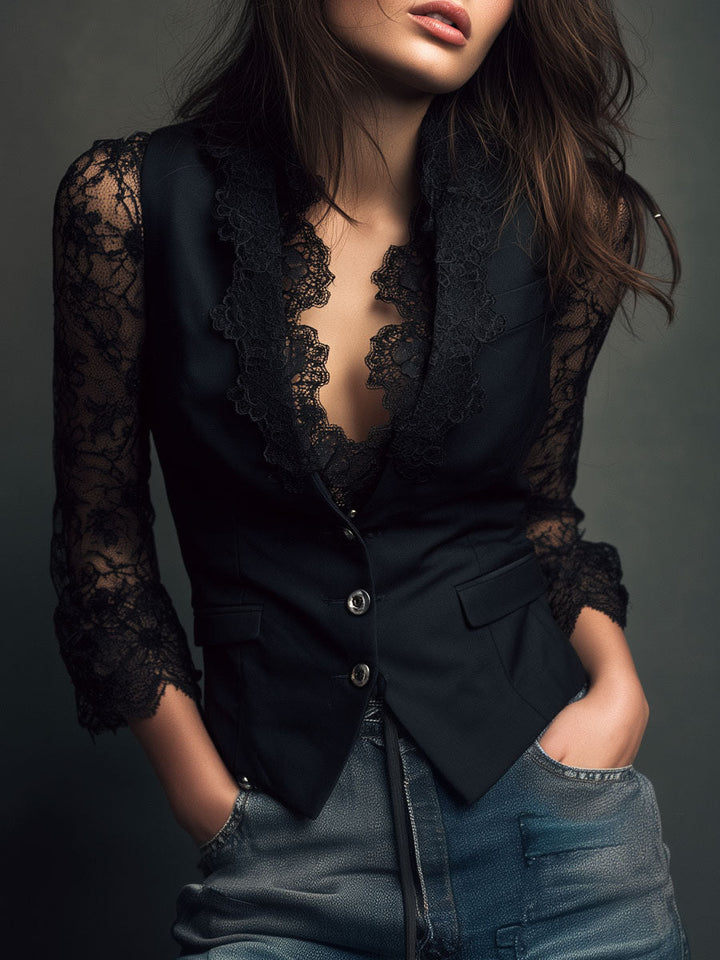Black Blazer with Sheer Sleeves