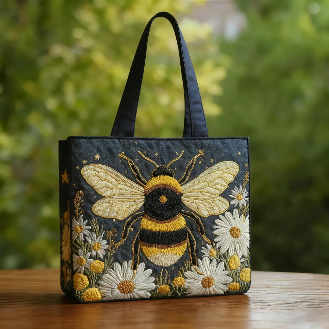 Embroidered Tote Bag with Bumblebee and Flowers