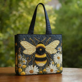 Embroidered Tote Bag with Bumblebee and Flowers