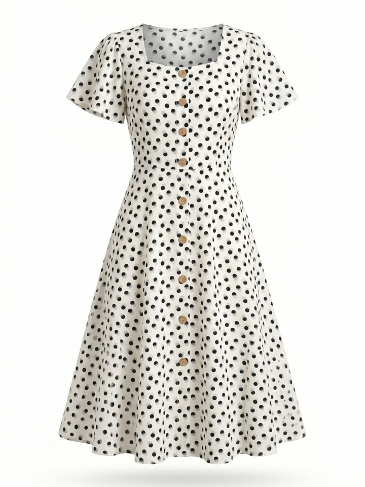 White Polka Dot Short Sleeve Square Neck Dress