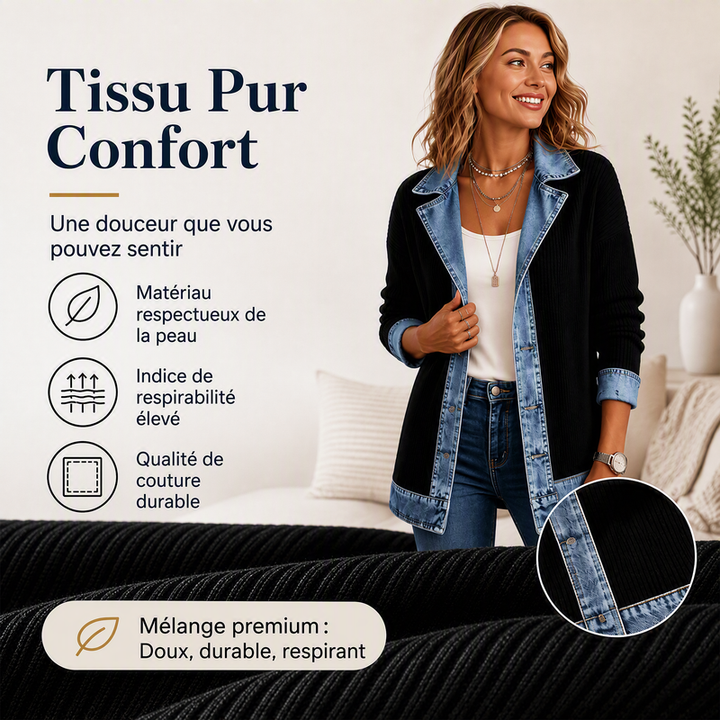Manteau en maille côtelée élégant pour femme avec empiècements en jean