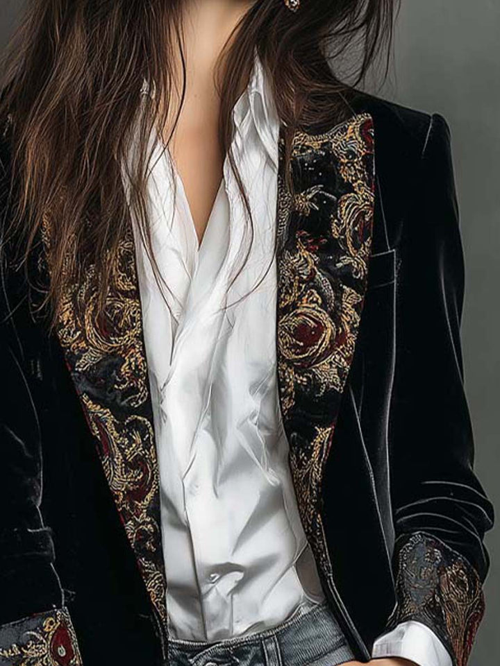 Black Baroque Print Fitted Blazer