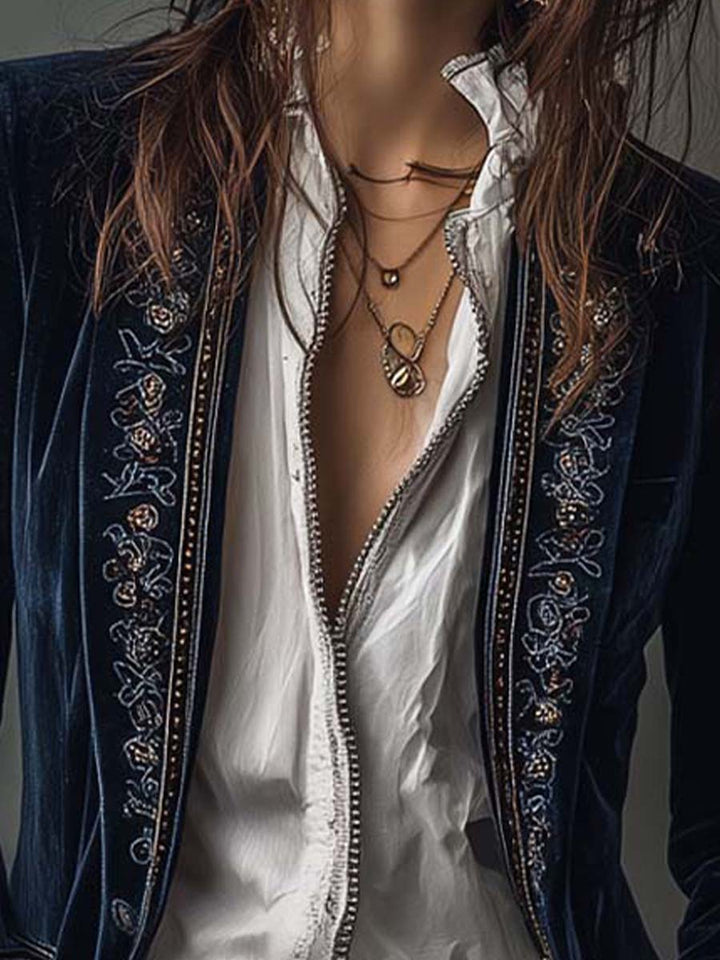Vintage Navy Blue Embroidered Long Jacket