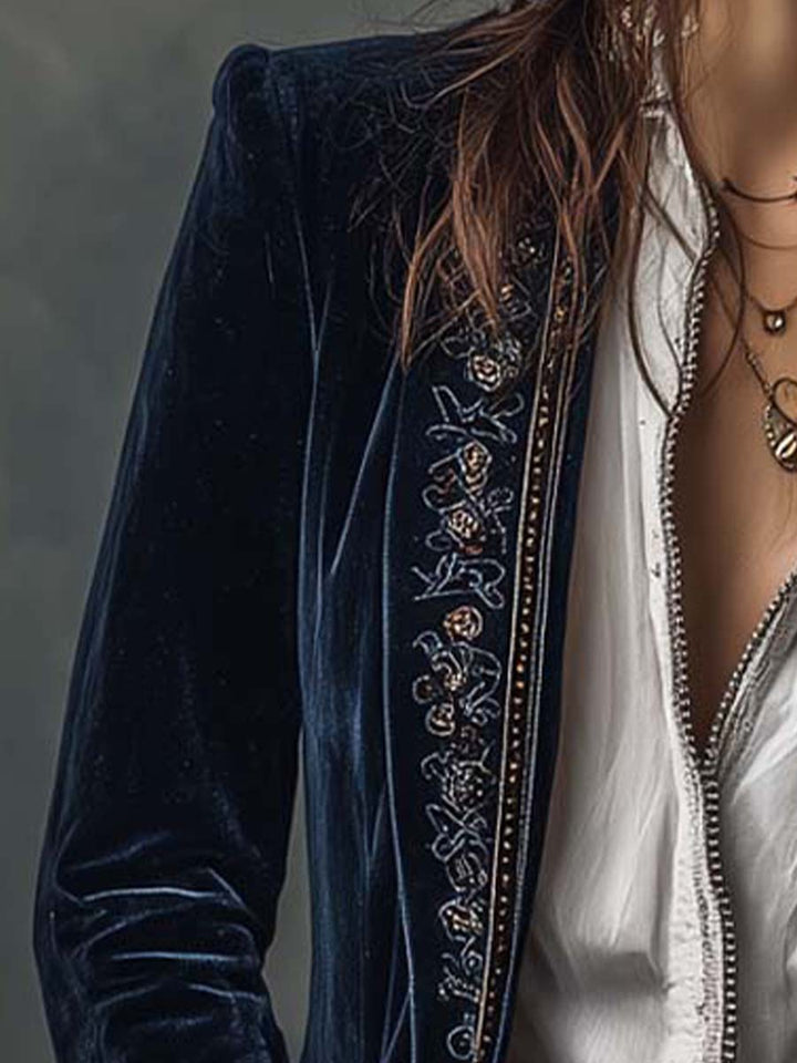 Vintage Navy Blue Embroidered Long Jacket