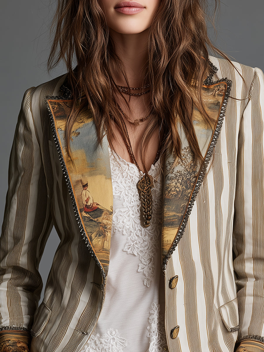 Striped Bohemian Blazer with Printed Collar