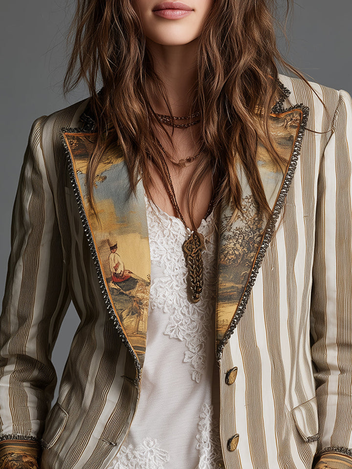 Striped Bohemian Blazer with Printed Collar