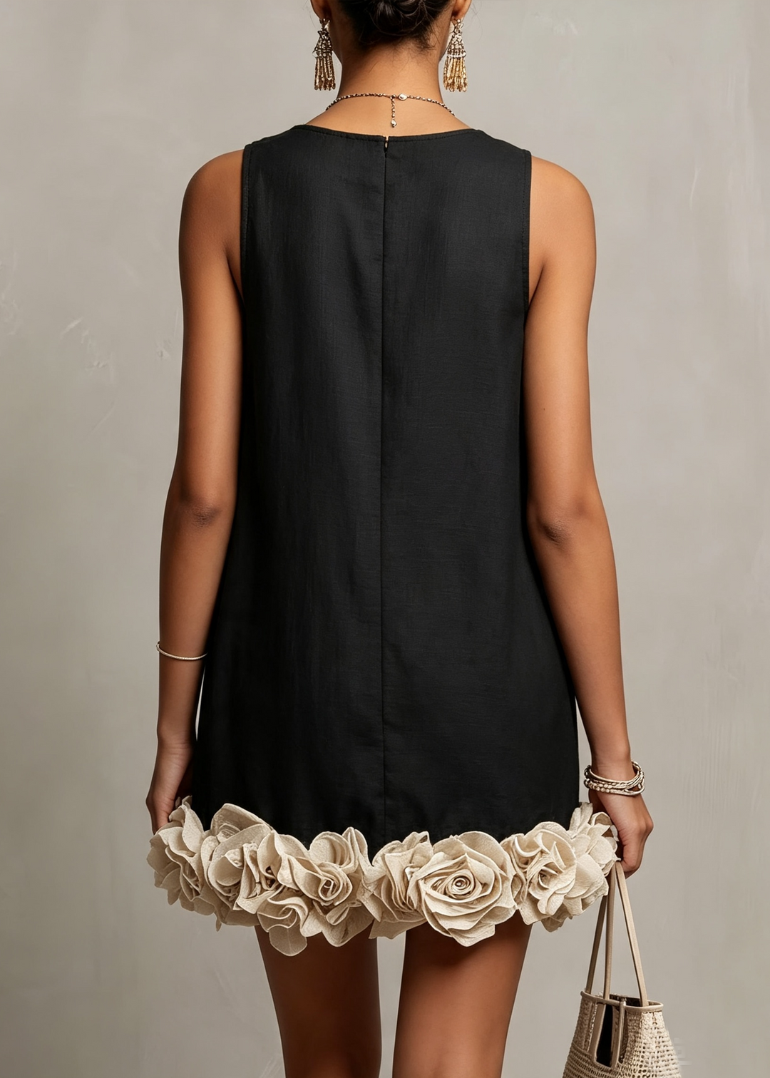 Black Sleeveless 3D Flower Detail Loose Mini Dress