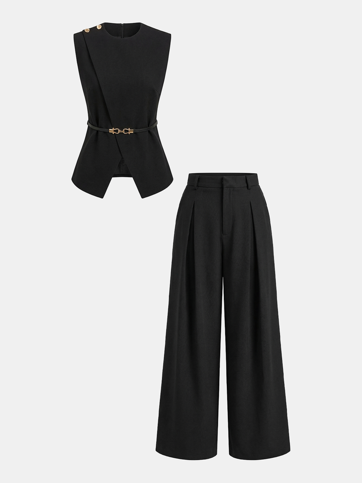 Sleeveless Belted Top & Pleated Pants Set