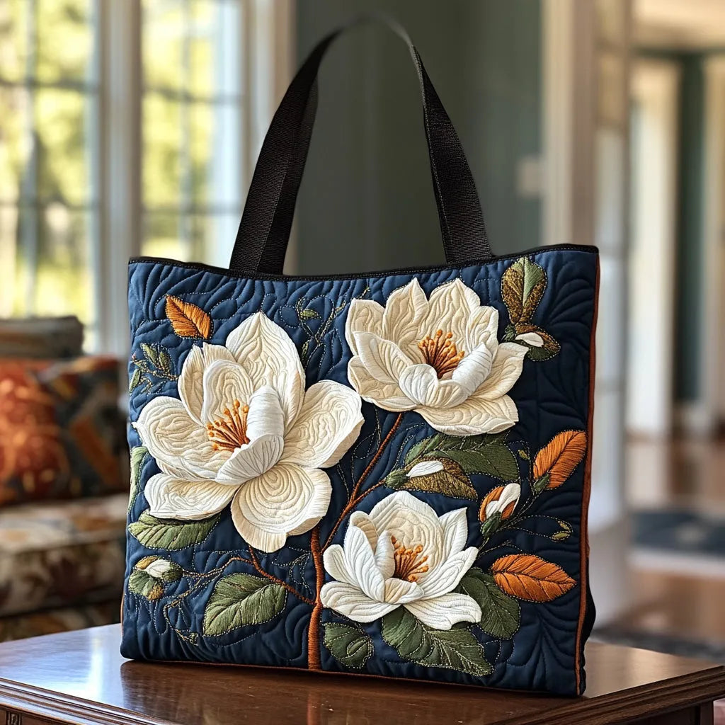 Padded Tote Bag with Embroidered Magnolias