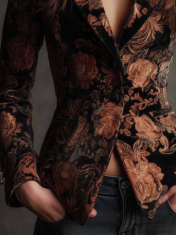 Floral Print Black and Bronze Tailored Blazer