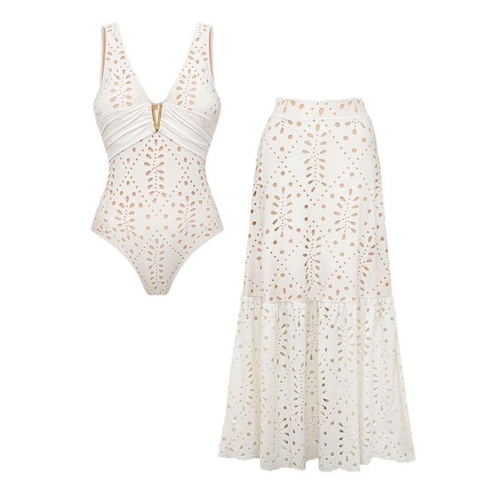 V Neck Solid Color Laser Cutting Flower One Piece Swimsuit and Skirt
