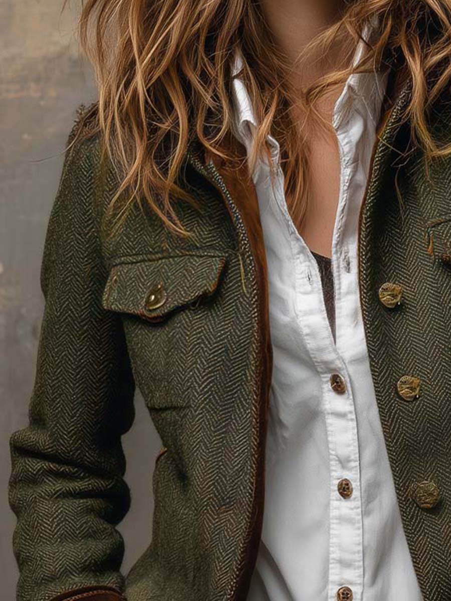 Vintage Chevron Blazer with Contrast Piping