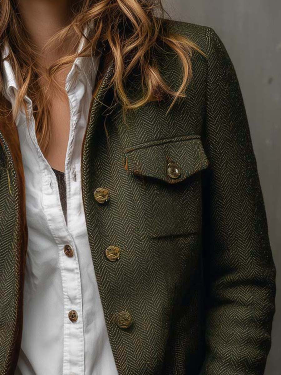 Vintage Chevron Blazer with Contrast Piping