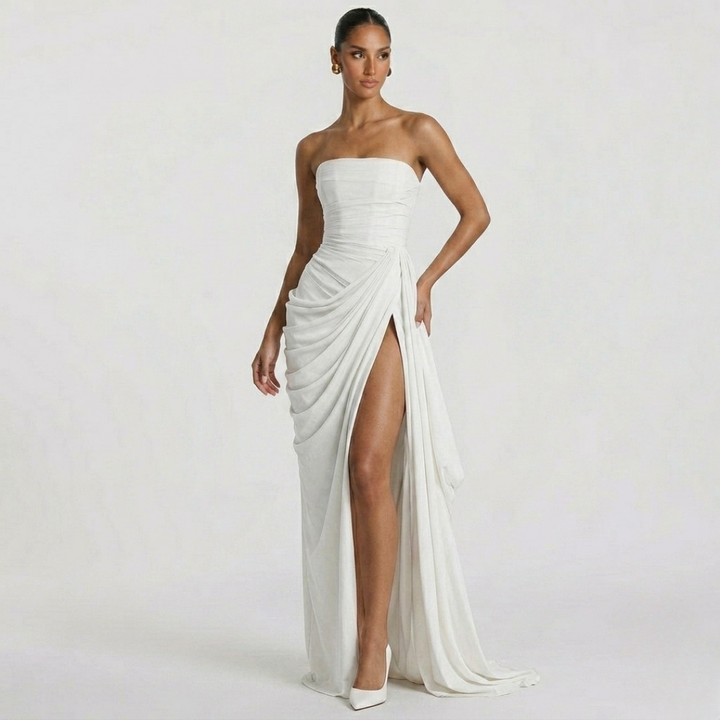 Cyra Back Lace-up Asymmetrical Pleats Strapless Slit Maxi Dress
