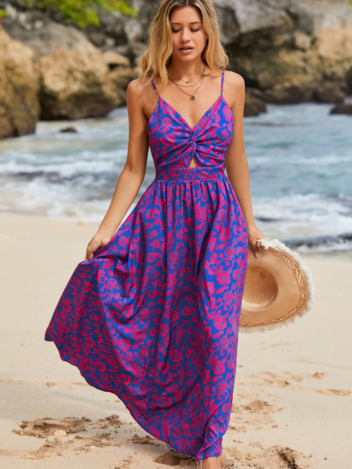 Floral Print Knotted V-Neck Maxi Dress
