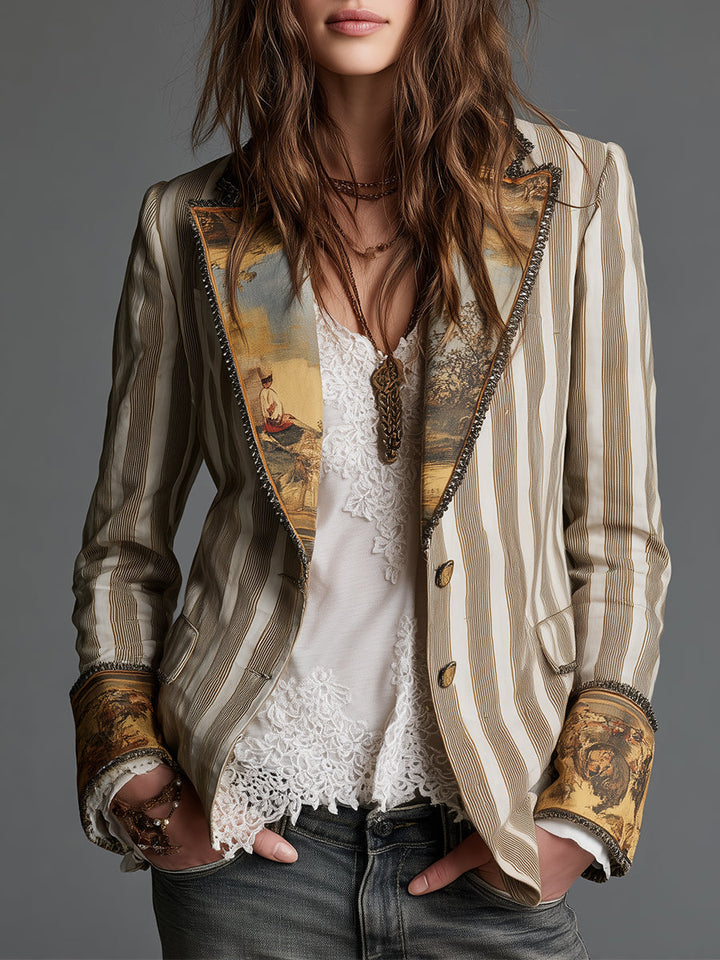 Striped Bohemian Blazer with Printed Collar