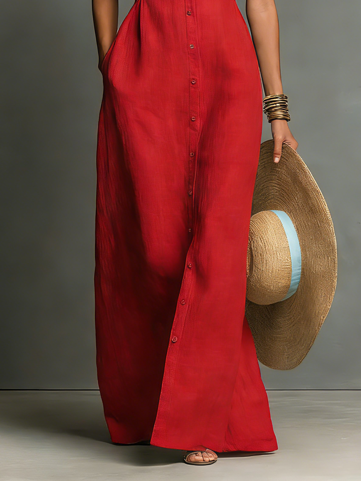 Linen-Blend Sleeveless Maxi Shirt Dress
