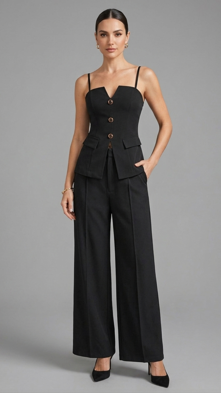 Buttoned Cami Top & Wide Leg Pants Set