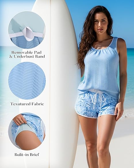 🩱Last Day Sale 50% OFF💃Women's Modest Two Piece Bathing Suit Scoop Neck Tankini Swimsuit