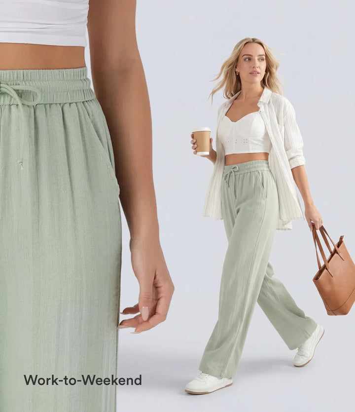 High Waisted Linen-Feel Wide Leg Pants