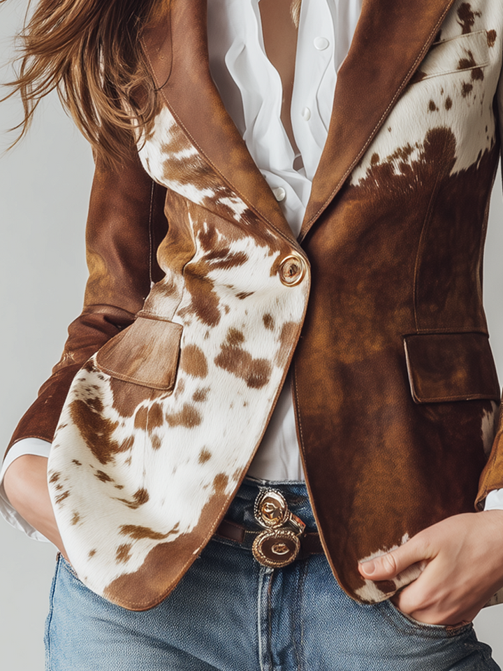 Eco-Friendly Vintage Cow Print Blazer