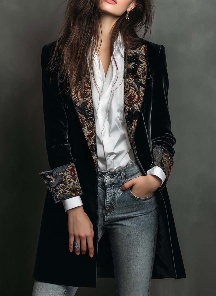 Black Baroque Print Fitted Blazer