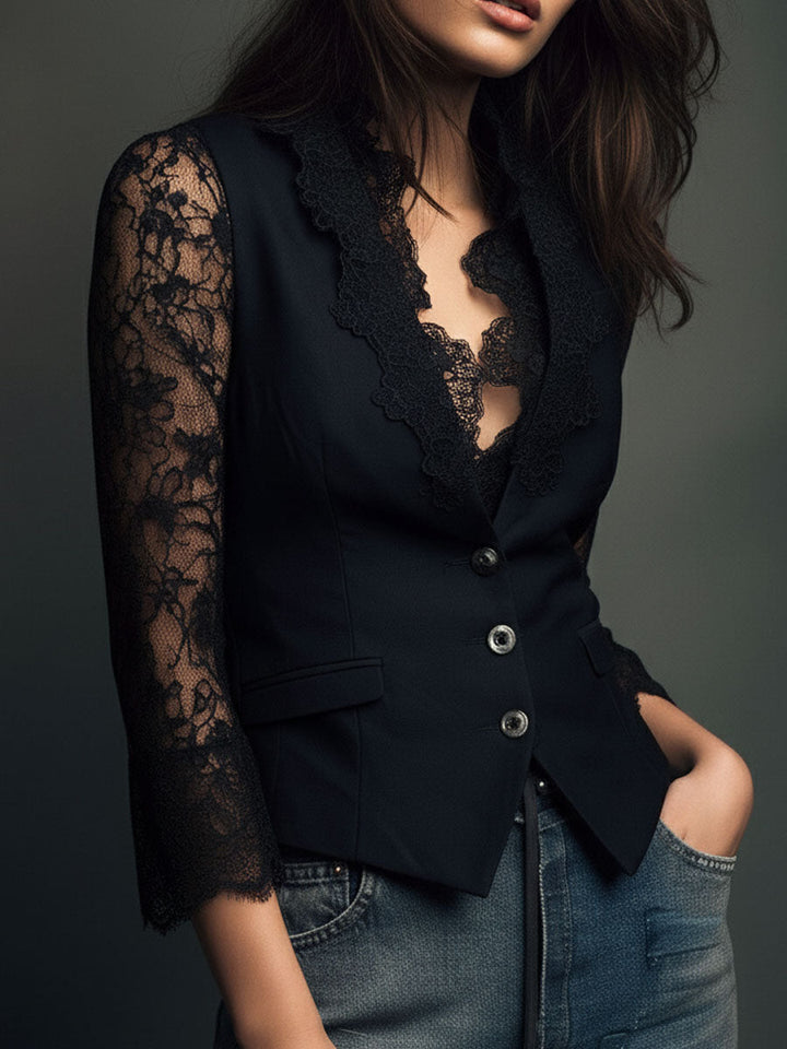 Black Blazer with Sheer Sleeves