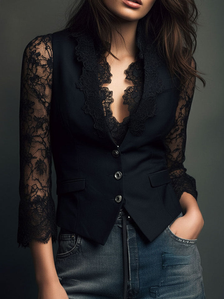 Black Blazer with Sheer Sleeves