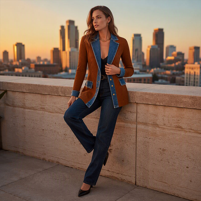 Manteau en maille côtelée élégant pour femme avec empiècements en jean