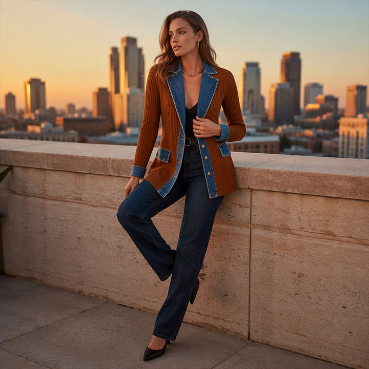 Manteau en maille côtelée élégant pour femme avec empiècements en jean