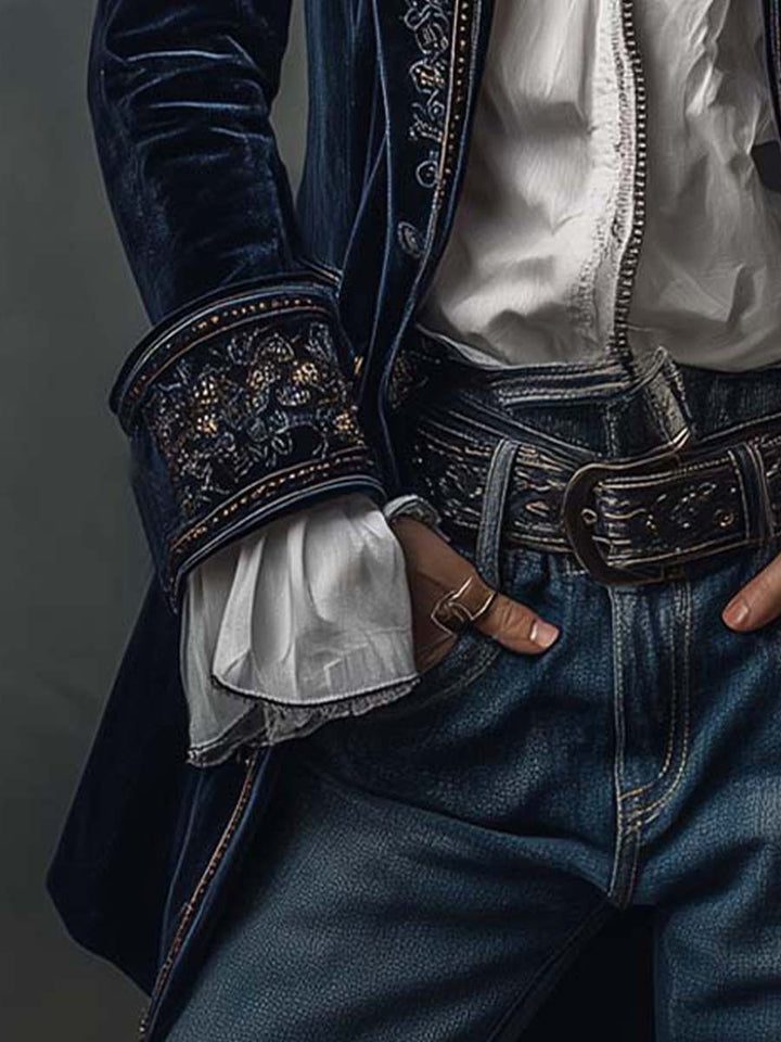 Vintage Navy Blue Embroidered Long Jacket