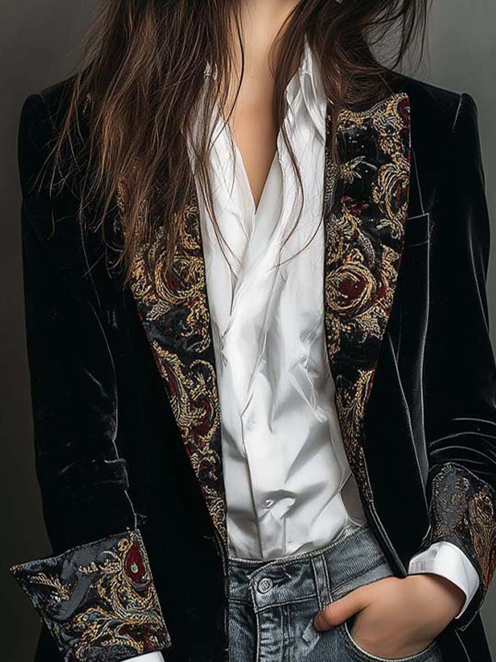 Black Baroque Print Fitted Blazer