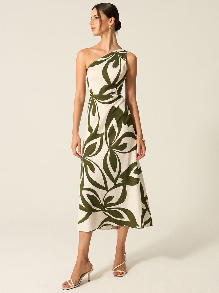 One-Shoulder Printed Midi Dress