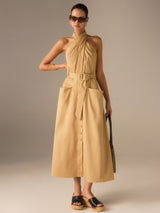Cotton Pleated Halter Neck Belted Midi Dress