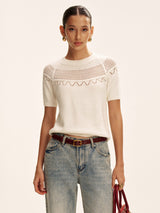 Short-Sleeve Eyelet Knit Sweater