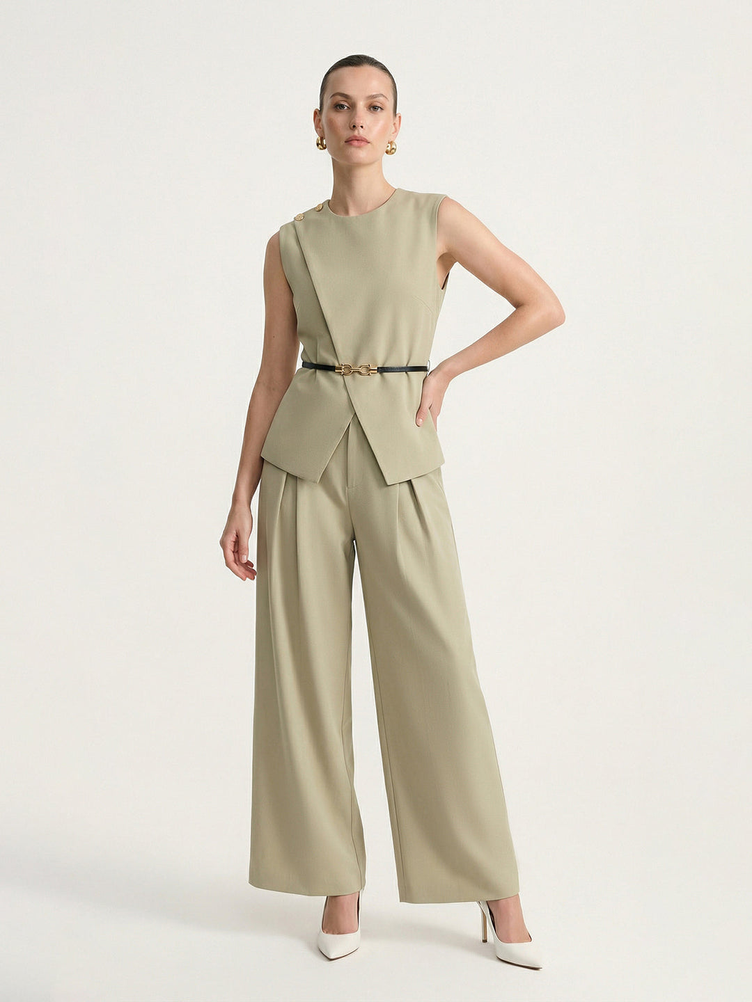 Sleeveless Belted Top & Pleated Pants Set