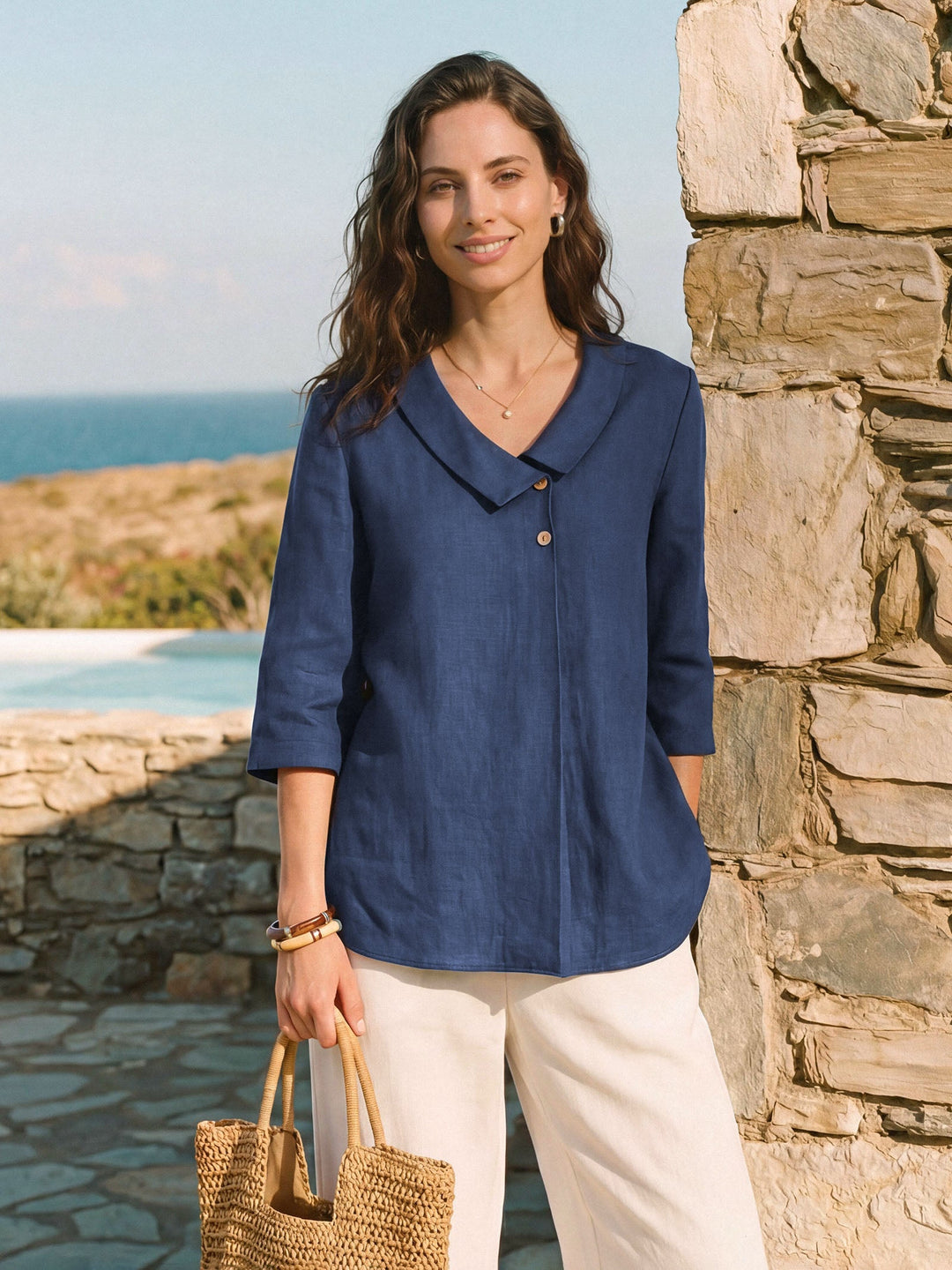Linen Asymmetric Collar Inverted Pleat Top