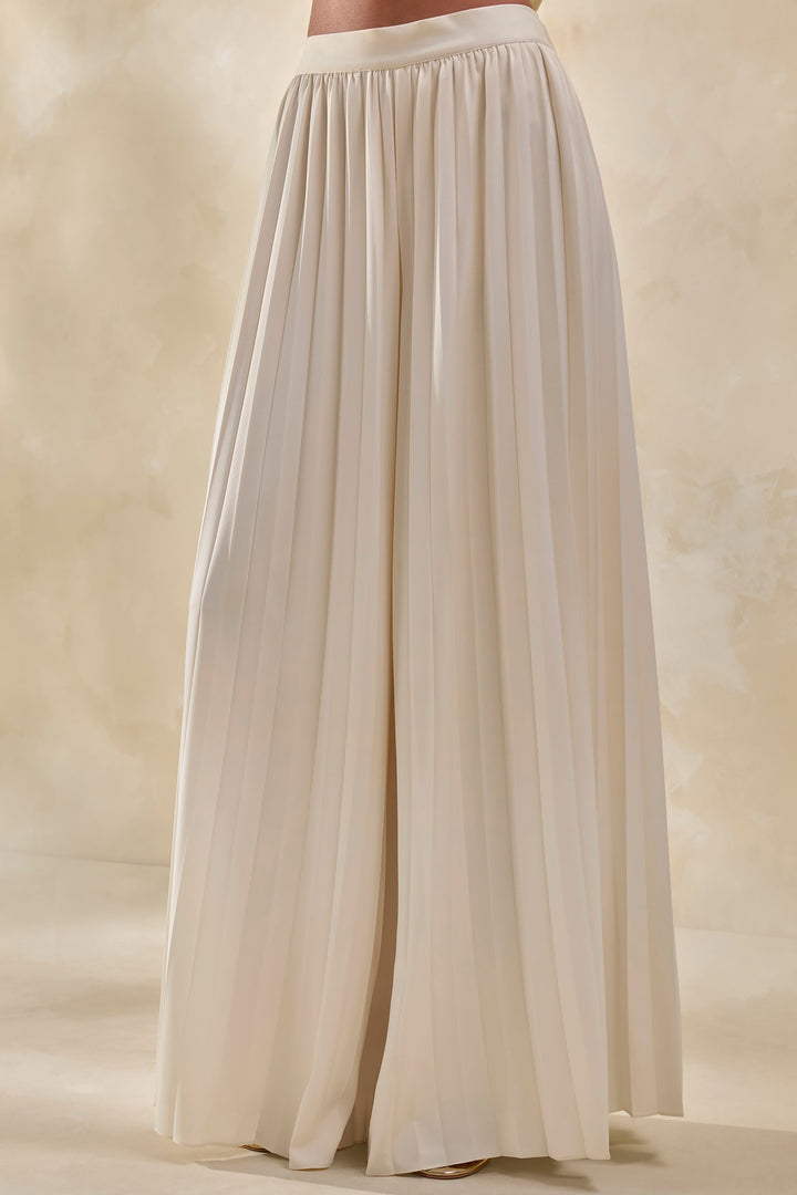 Lerenza | Cream Satin Wide-Leg Pleated Trousers