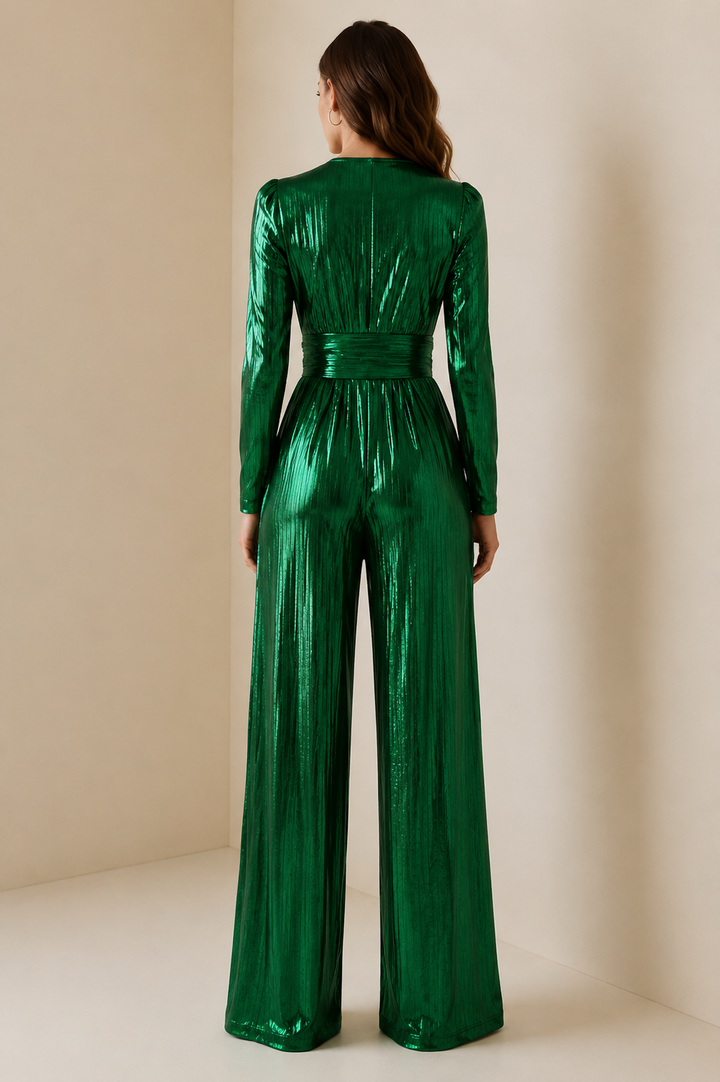 High Waisted Shiny V-Neck Jumpsuit