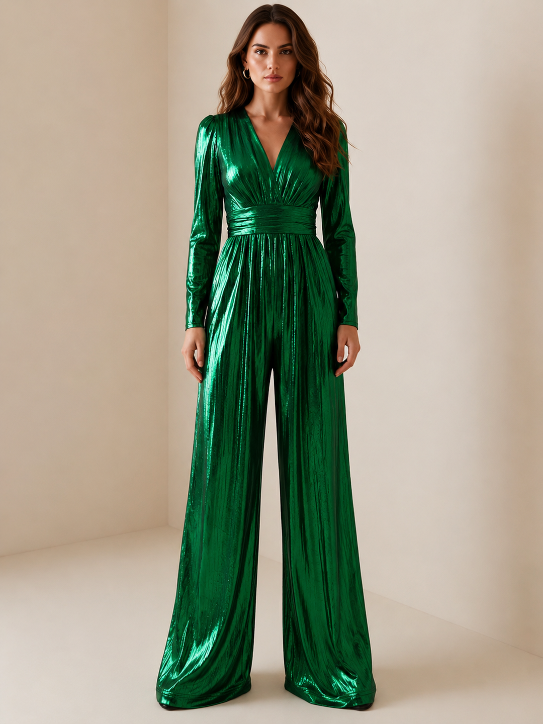 High Waisted Shiny V-Neck Jumpsuit