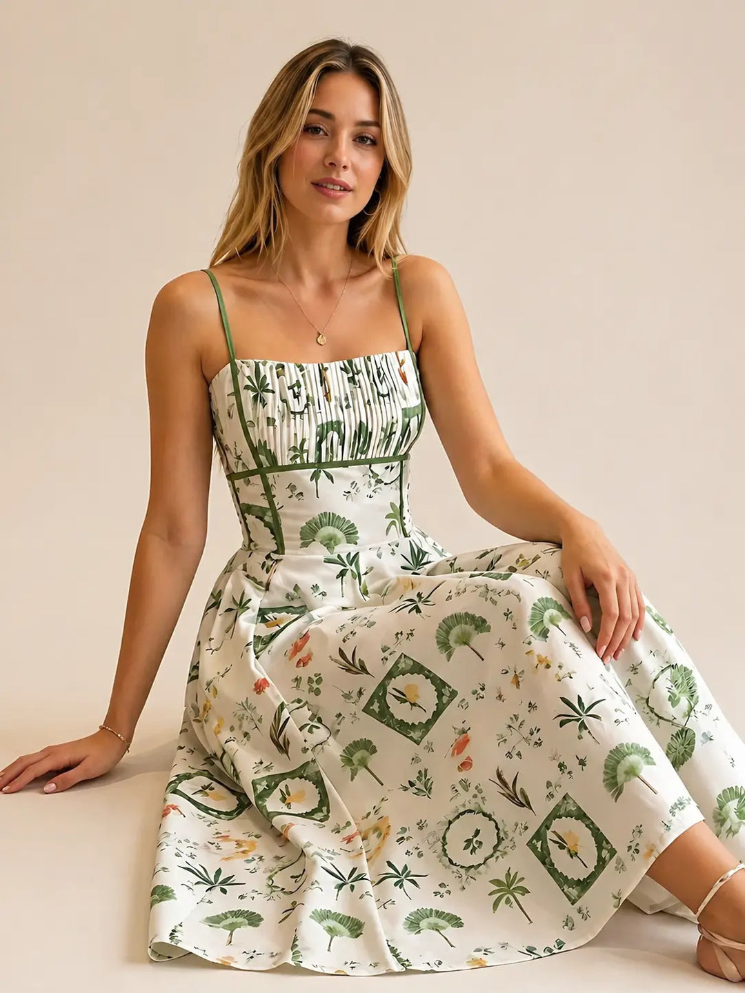 Green Botanical Midi Dress