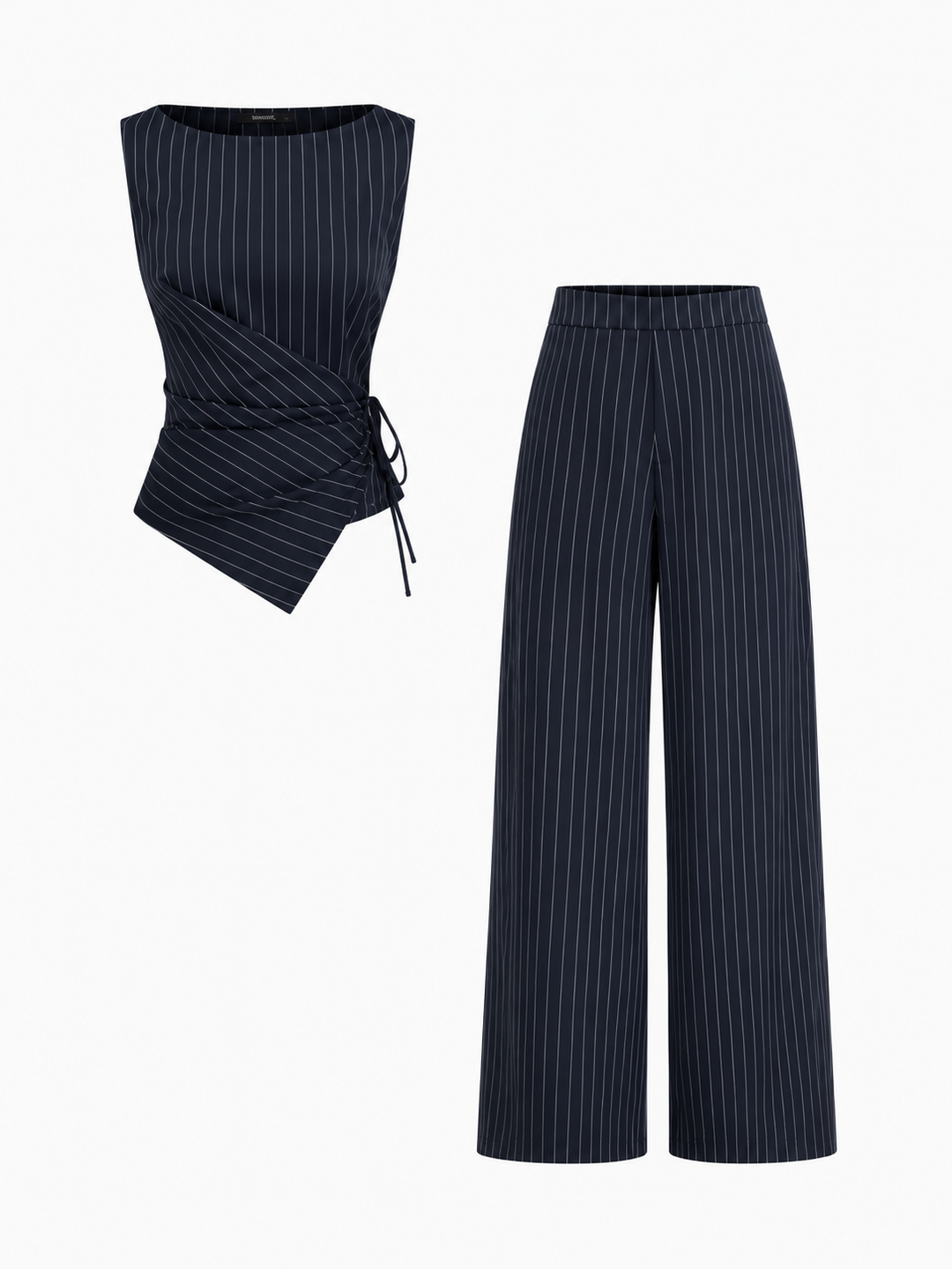 Boat Neck Striped Wrap Knotted Top & Mid Rise Straight Leg Trousers Set